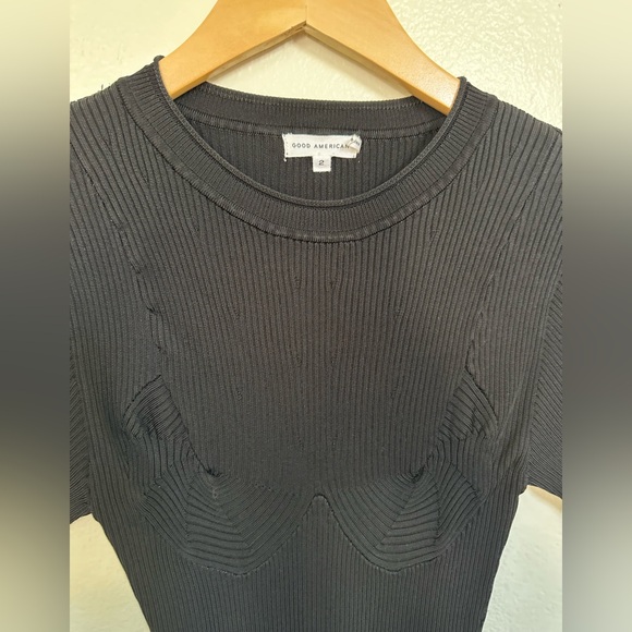Good American Classic Black Ribbed Midi Dress with intricate ribbing on bust. - Picture 2 of 12
